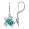 Sterling Silver Polished Blue Crystal Turtle Dangle Leverback Earrings