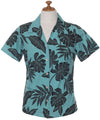 Black Monstera Women's Fitted Hawaiian Shirt Aqua