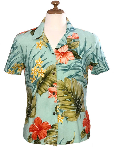 Waipio Hibiscus Women's Hawaiian Shirt Aqua KY