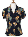 Women's Fitted Hawaiian Shirt Golden Pineapples Navy Two Palms