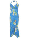 Mid Length Halter Dress Fern Hibiscus Sky Blue Two Palms