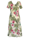 Nalani Long Rayon Hawaiian Dress Maxi V-Neck Tea Length Beige RJC