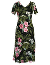 Nalani Long Rayon Hawaiian Dress Maxi V-Neck Tea Length Black RJC