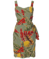 Short Sarong Dress Elastic Back Retro Pineapples Olive