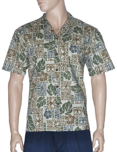 Tapa Tribal Monstera Aloha Shirt Khaki KY