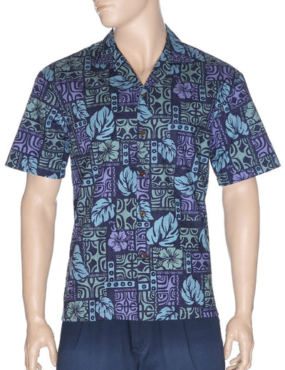 Tapa Tribal Monstera Aloha Shirt Navy KY