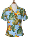 Camp Blouse for Women Airbrush Birds of Paradise Sky Blue Paradise Found