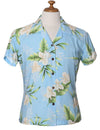 Women's Fitted Hawaiian Shirt Okalani Celeste Sky Blue Two Palms